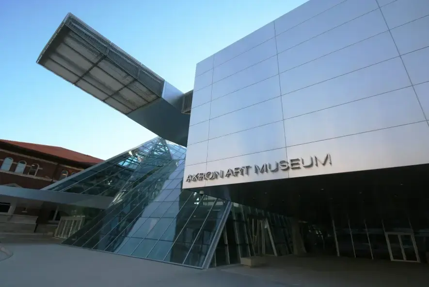 exterior photo of the Akron Art Museum at dusk