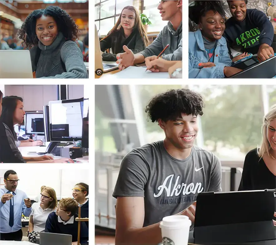 Collection of images of university of Akron students doing social media